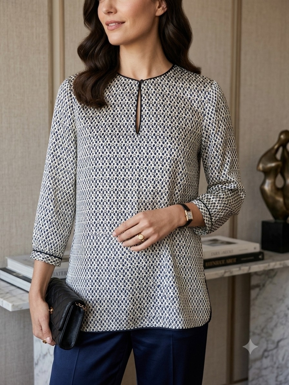 Lafayette 148 New York Black and White Printed Keyhole Blouse